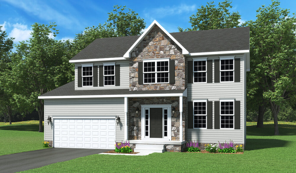 Oakmont Two Story Home Shown With Optional Stone Front And Proudly Built By J.A. Myers Homes